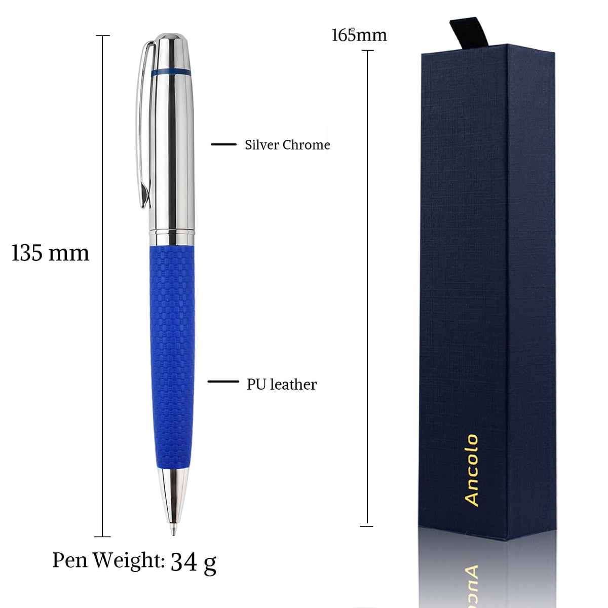 Ancolo Personalized Silver Chrome Ballpoint Pen- Luxury Pen with PU Leather