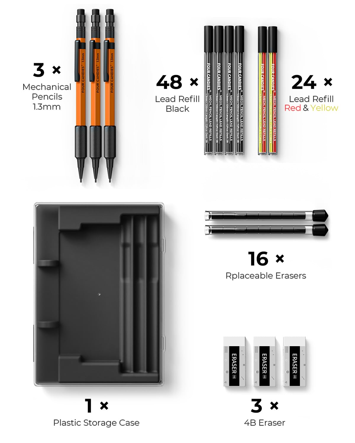 Four Candies 3PCS 1.3mm Metal Mechanical Pencil Set with Case (Orange)