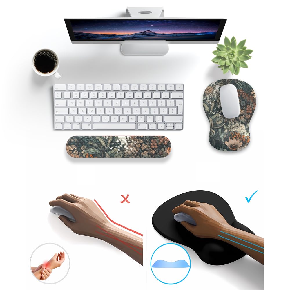 Boho Aesthetic Mouse Pad with Wrist Rest Keyboardpad Vintage Wildflowers Wrist Rest for Computer