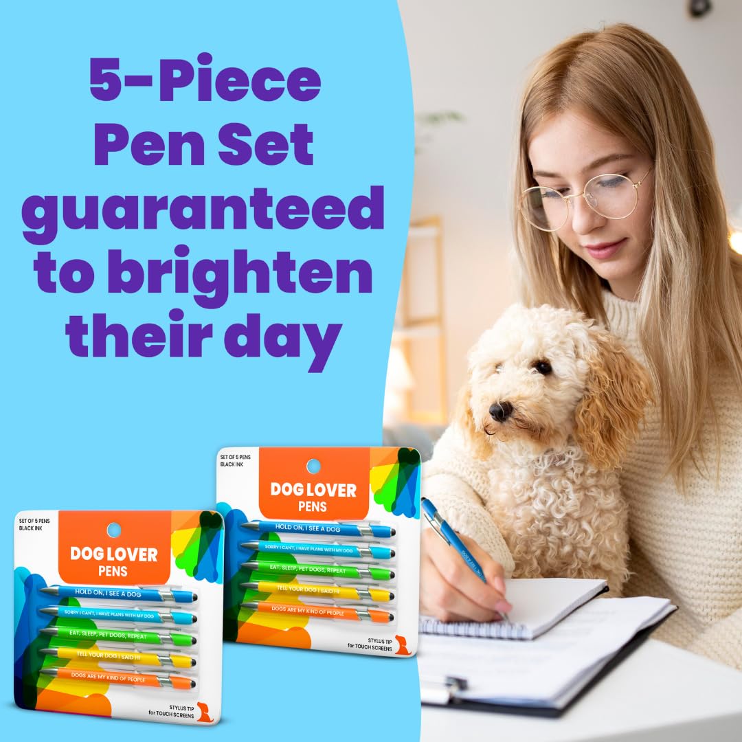 Funny Dog Lover Gift Pen Set, 5 Black Ink Ballpoint Pens, Stylus Tip, 2Pack