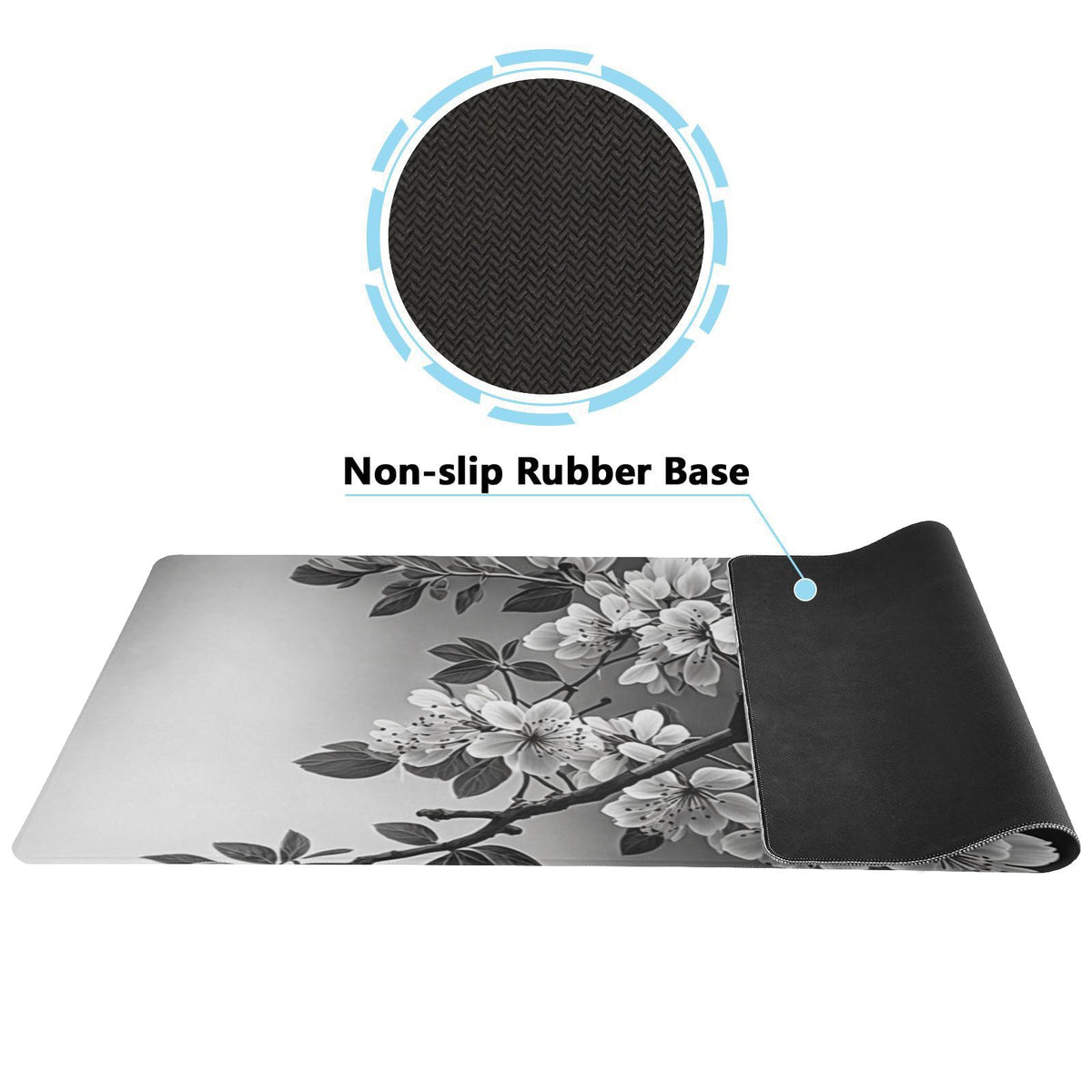 Black and White Sakura Branch Mouse Protector Mat - XL Non-Slip Mouse Pad for Gaming and Work