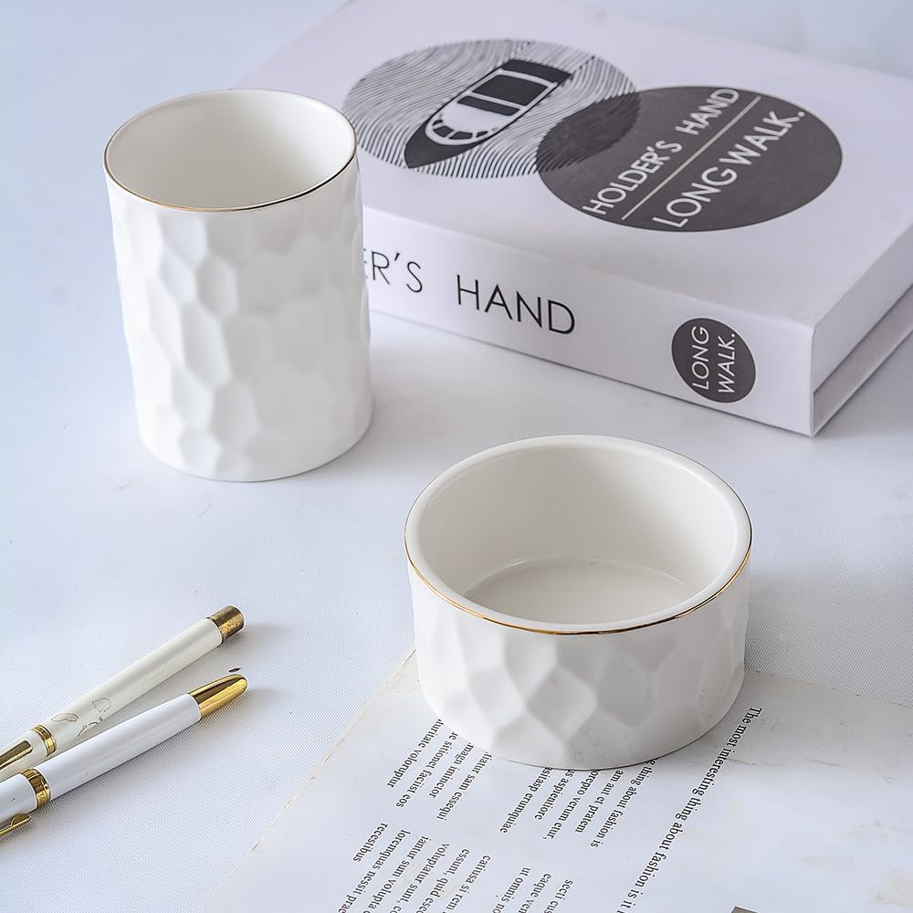 Aesthetic Desk Organizer Set of 2 For Office, Ceramic Pen Holder and Paper Clip Holder Dispenser