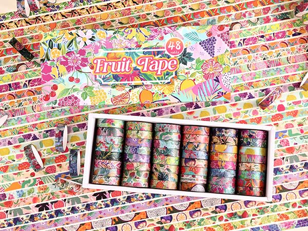 icceemee 48 Rolls Fruit Theme Washi Tape Set, Writable Decorative Tapes for Scrapbooking, Junk