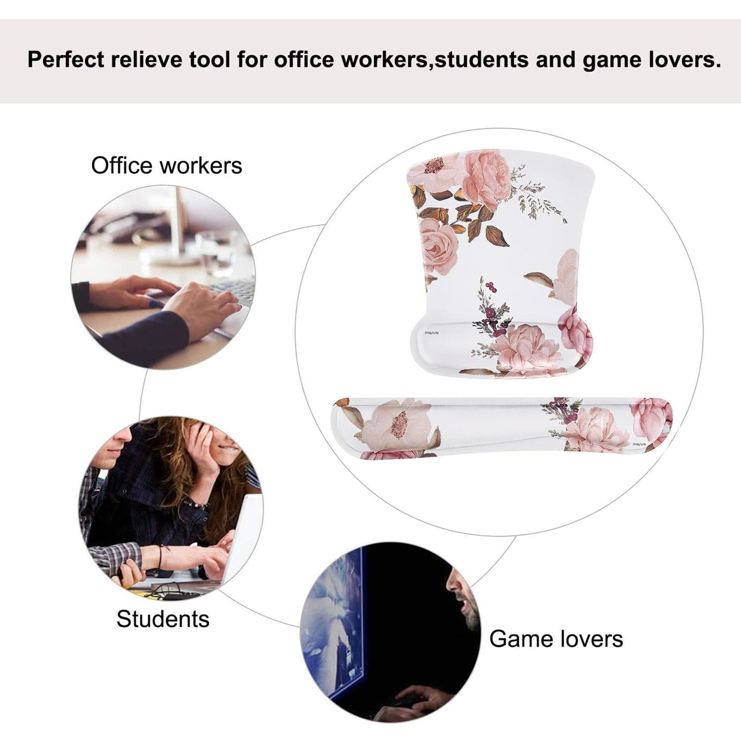 MOSISO Peony Wrist Rest Support for Mouse Pad & Keyboard Set, White