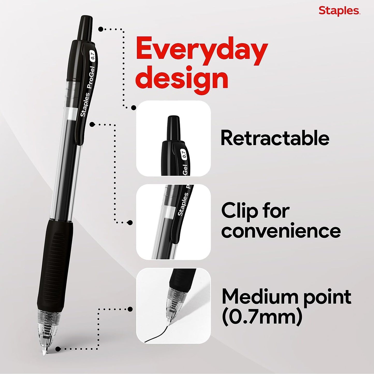 Staples ProGel Retractable Gel Pens, Fine 0.7mm, Black Ink, 36-Pk
