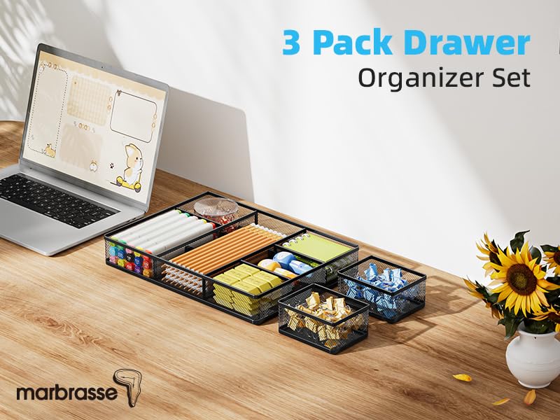 Marbrasse Mesh Desk Drawer Organizer Tray 3 Packs, Black-2PCS