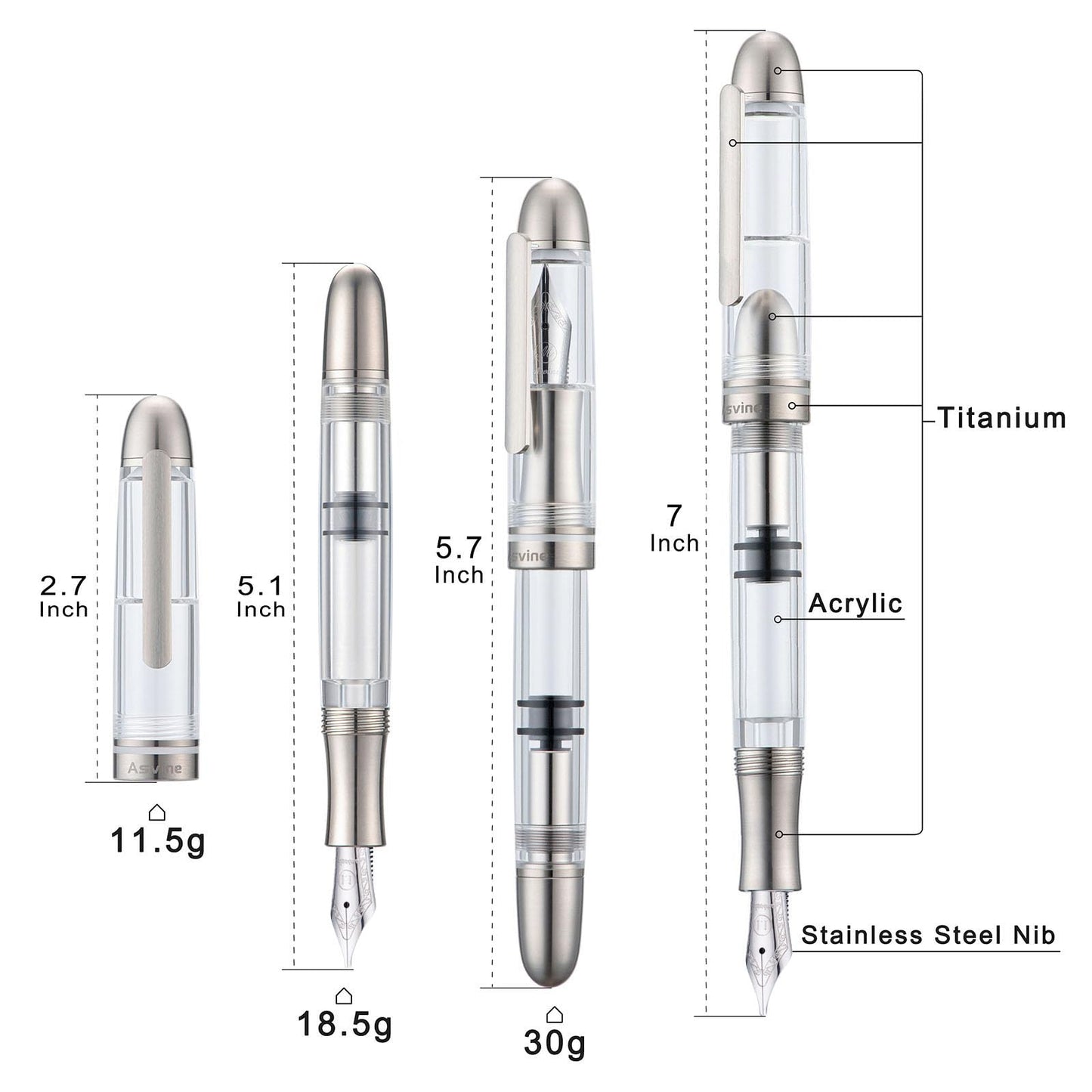 Asvine P36 Titanium Fountain Pen Piston Filling, Stub Nib 1.1mm Calligraphy Art Drawing Clear
