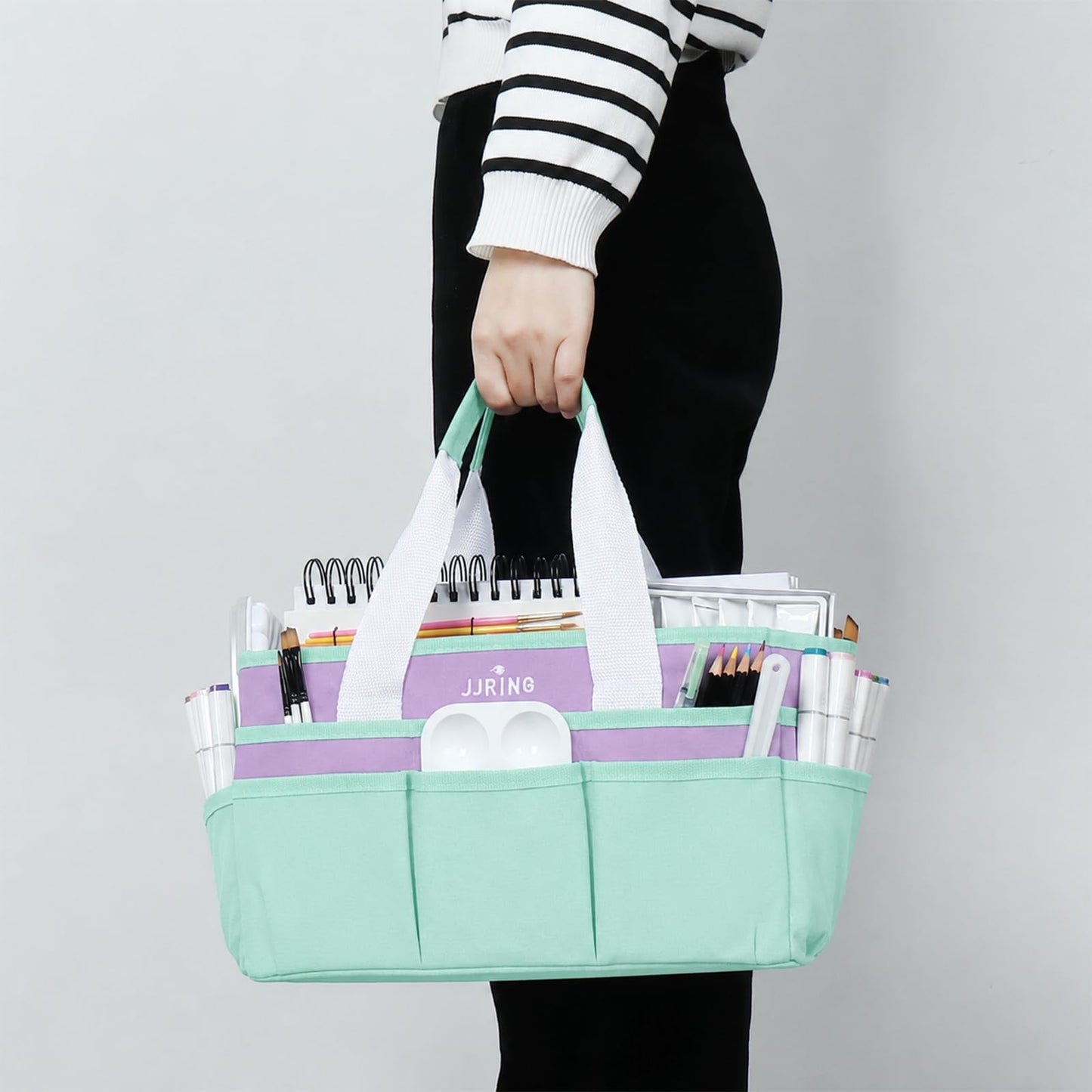 JJRING Craft Organizer Tote Bag Art Storage Caddy Green and Purple
