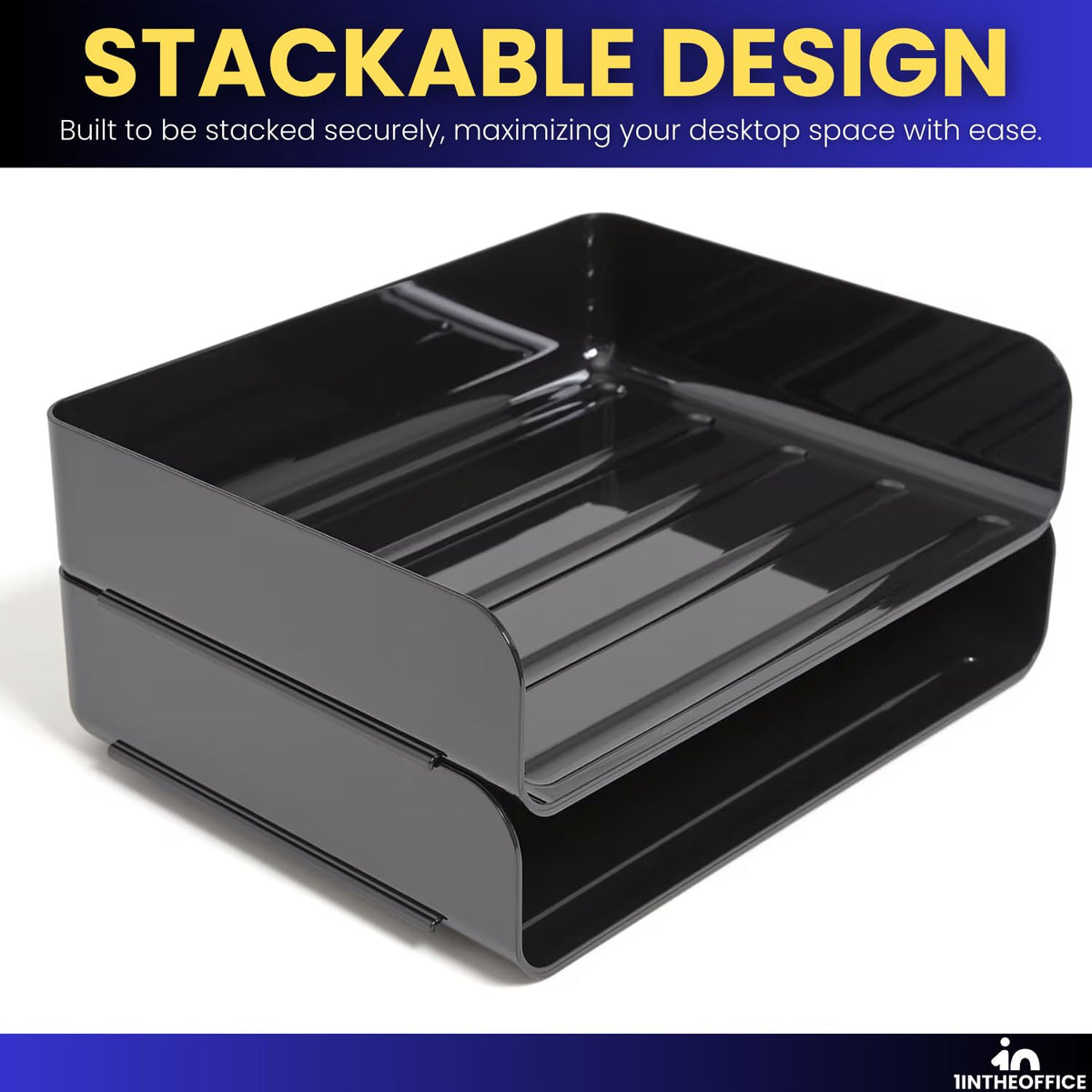 1InTheOffice 2-Tier Letter Tray Desk Organizer, Stackable, Side Load, Black, 2 Pack