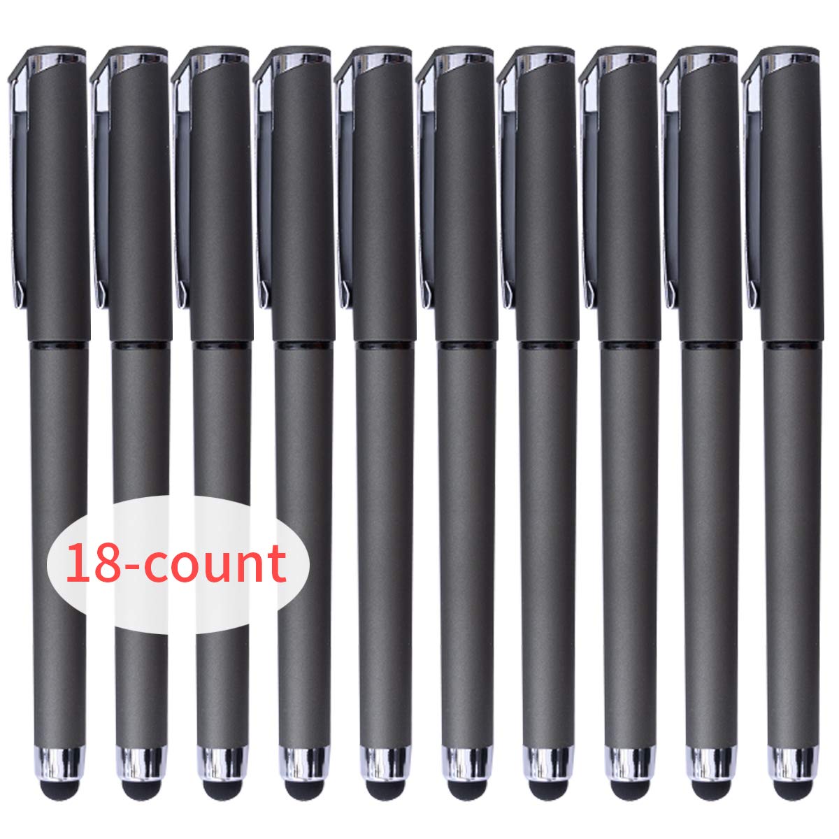 Black Gel Ink Rollerball Pens 0.7mm 2-in-1 Stylus Pens, 18 Pack-Dark grey