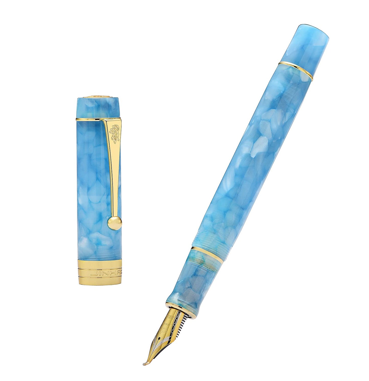 Jinhao 100 Classic Fountain Pen Bent Nib Gold Trim, Sky Blue Celluloid Fude Pen Calligraphy from