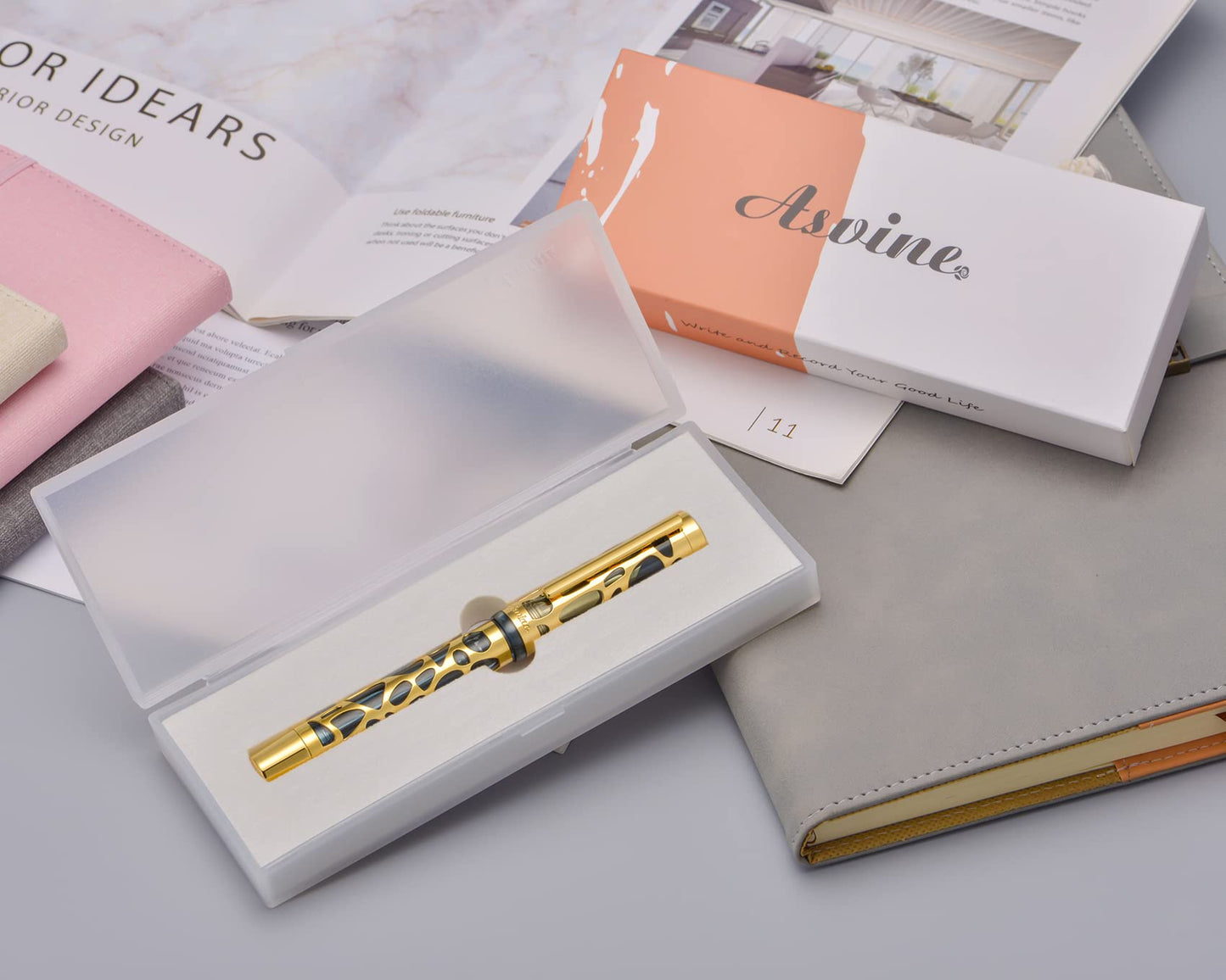 Asvine V169 Vacuum Filling Fountain Pen Medium Nib, Water Drop Skeleton Gold Trim Transparent Gray