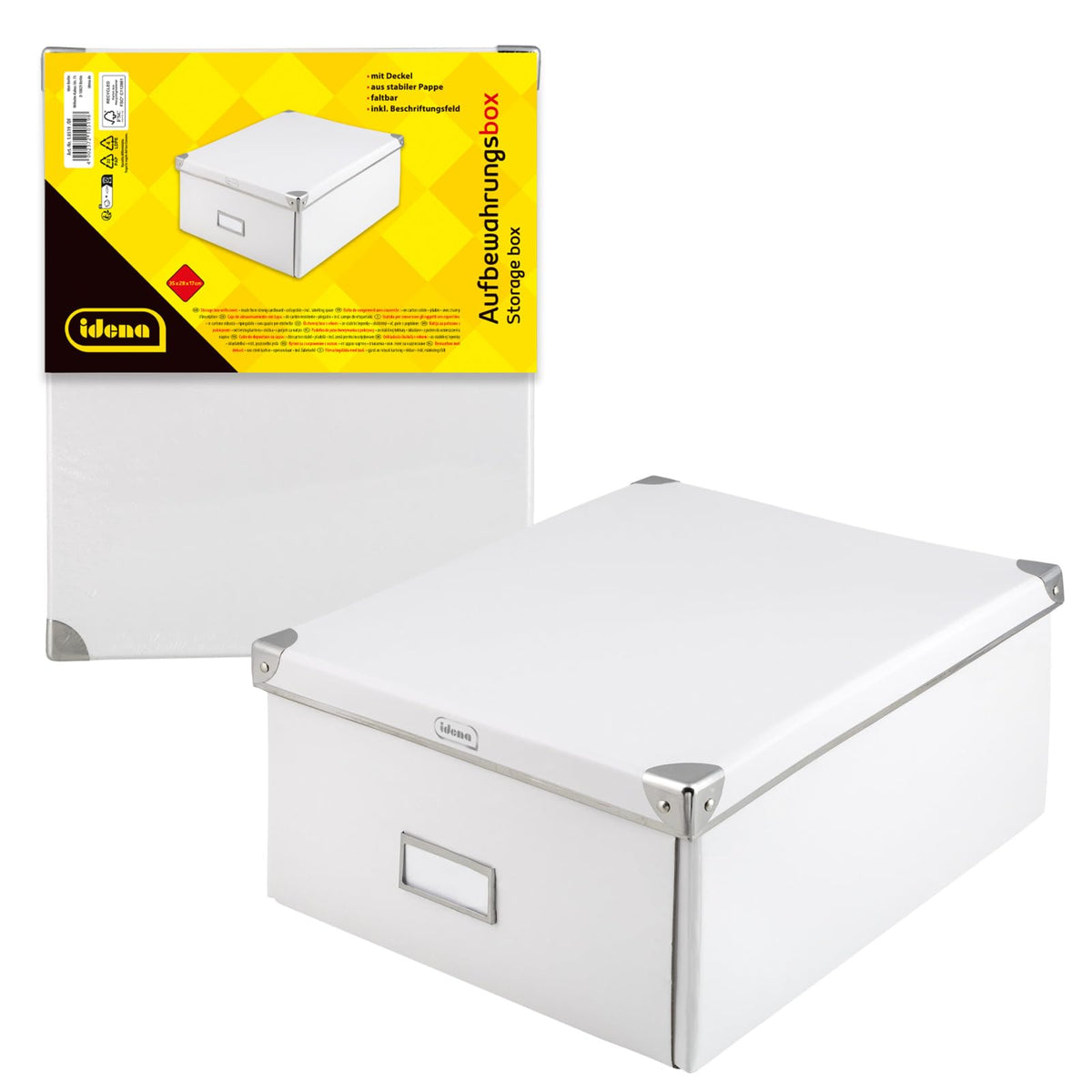 Idena storage box made of solid cardboard, lid reinforced with metal, including labelling field