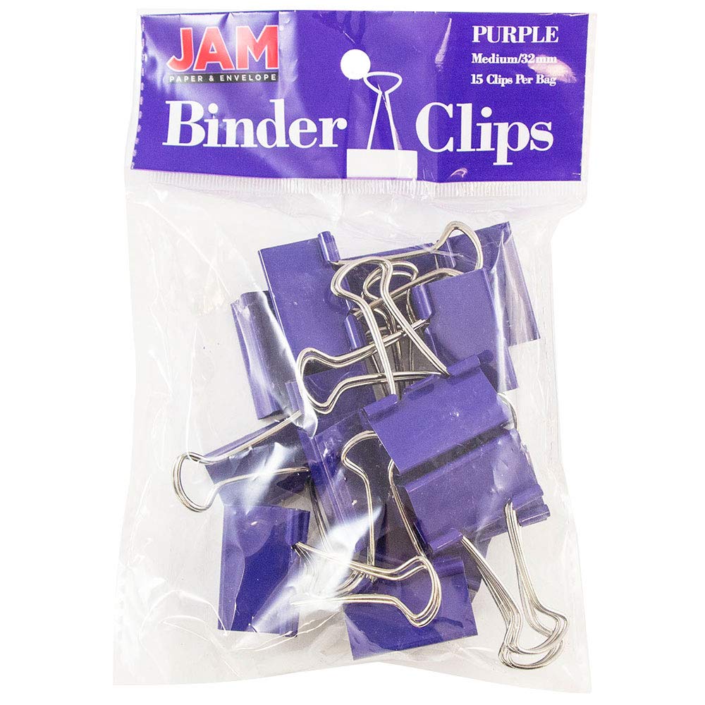 JAM PAPER Colorful Binder Clips - Medium - 1 1/4 Inch (32 mm) - Purple Binderclips - 15/Pack