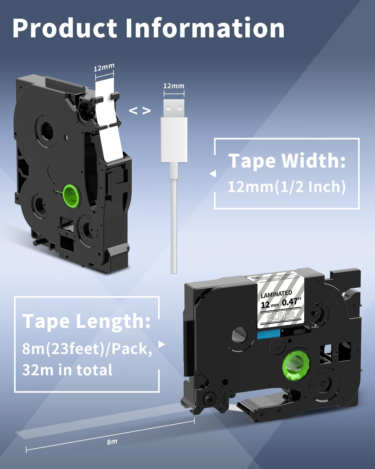 Compatible with Brother P-Touch Label Tape White on Clear TZe-135 12mm