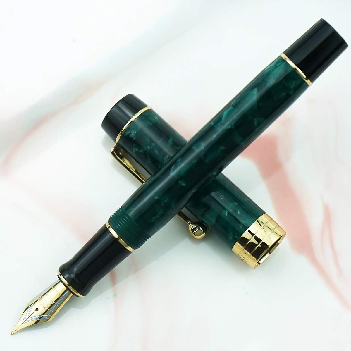 Jinhao 100 Classic Fountain Pen Green Celluloid, Extra Fine Nib with Converter and Pen Case Set