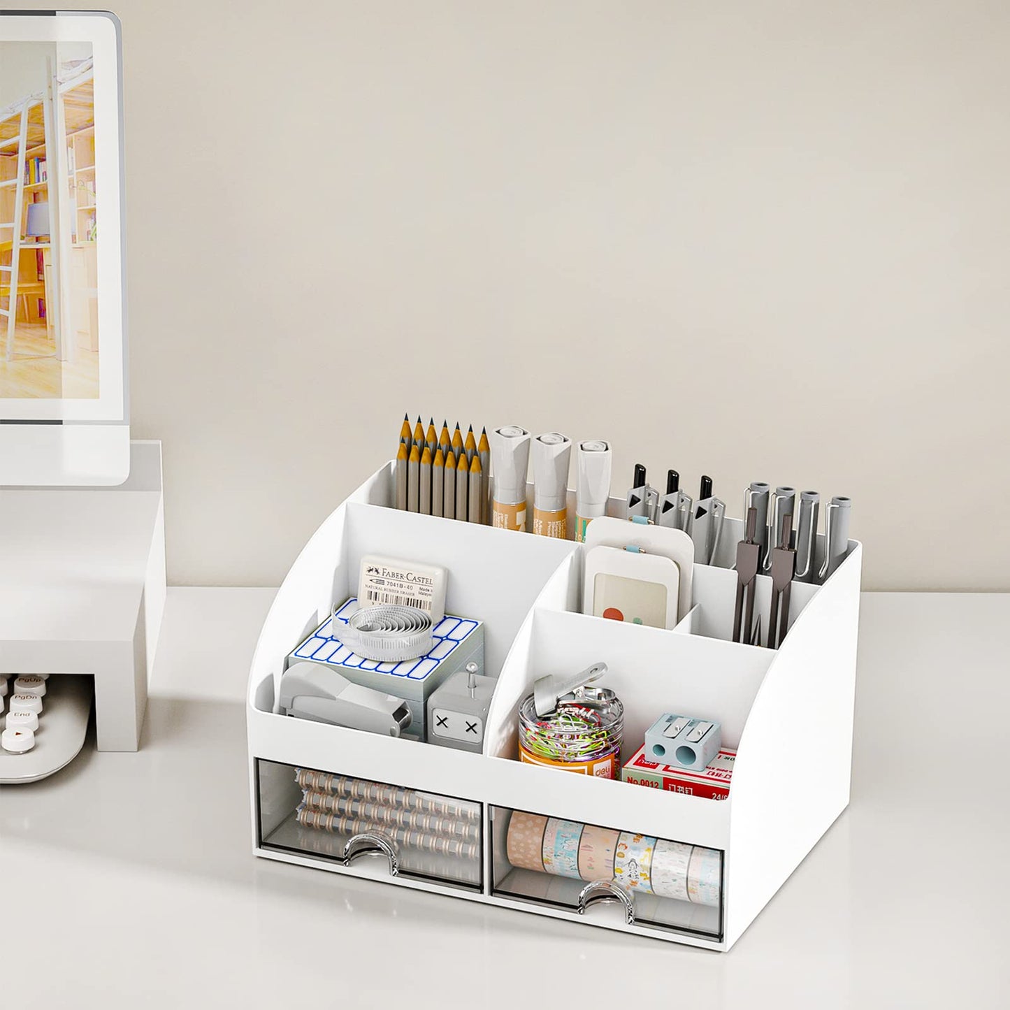 COMFYROOM Desk Organizer with 6 Compartments and 2 Drawers, Plastic Makeup Organizer, Pen Holder