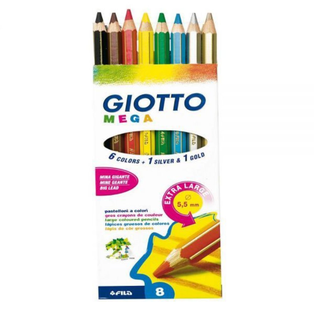 Giotto Mega Chunky Colouring Pencils, 8 Assorted Colours, Ideal for Children, Parties and Schools
