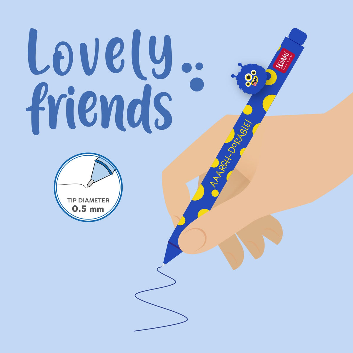 Legami - Gel Pen with Decorative Animal - Lovely Friends, Monster Theme, Avoid Rolling, Blue Ink