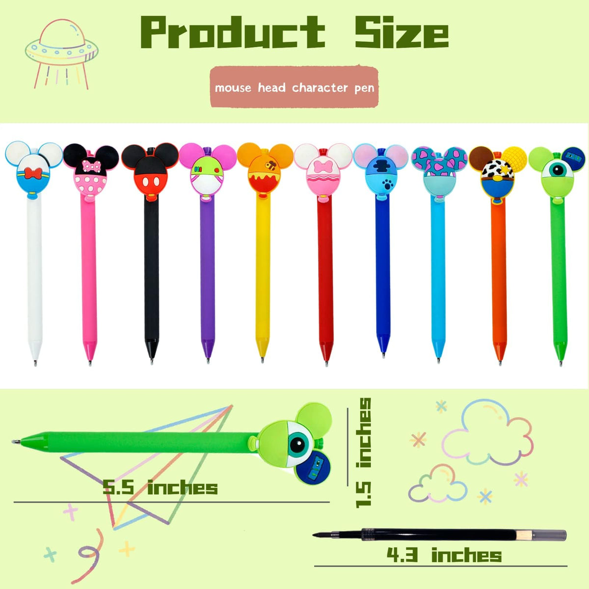 APQA 10pcs Mouse Head Character Ears Pens Set, Retr ctable Ballpoint Pen, Multi Color Jumbo
