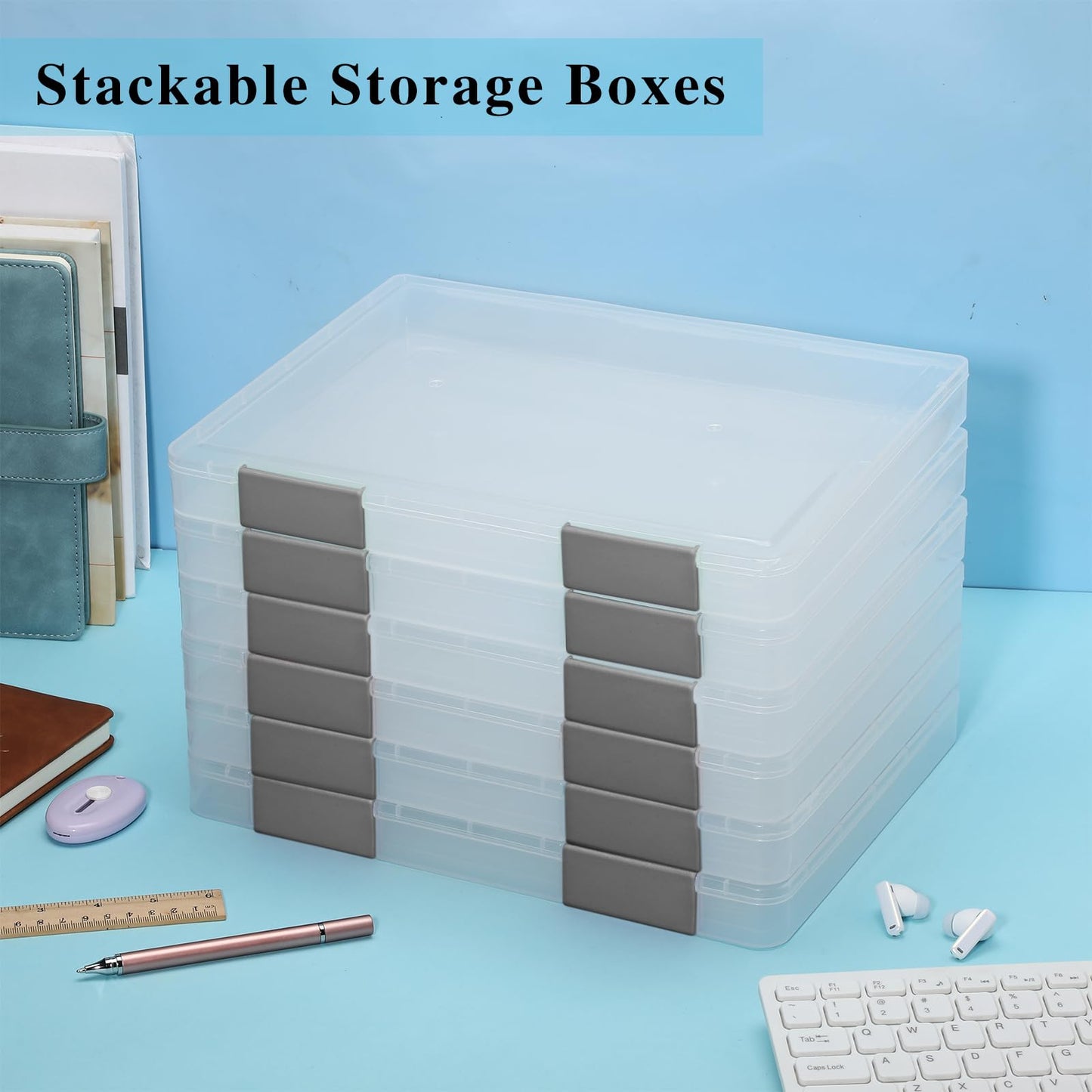 PerKoop 6 Pcs Clear Paper Storage Box,12.4 x 9.84 x 1.18 Inches,Gray