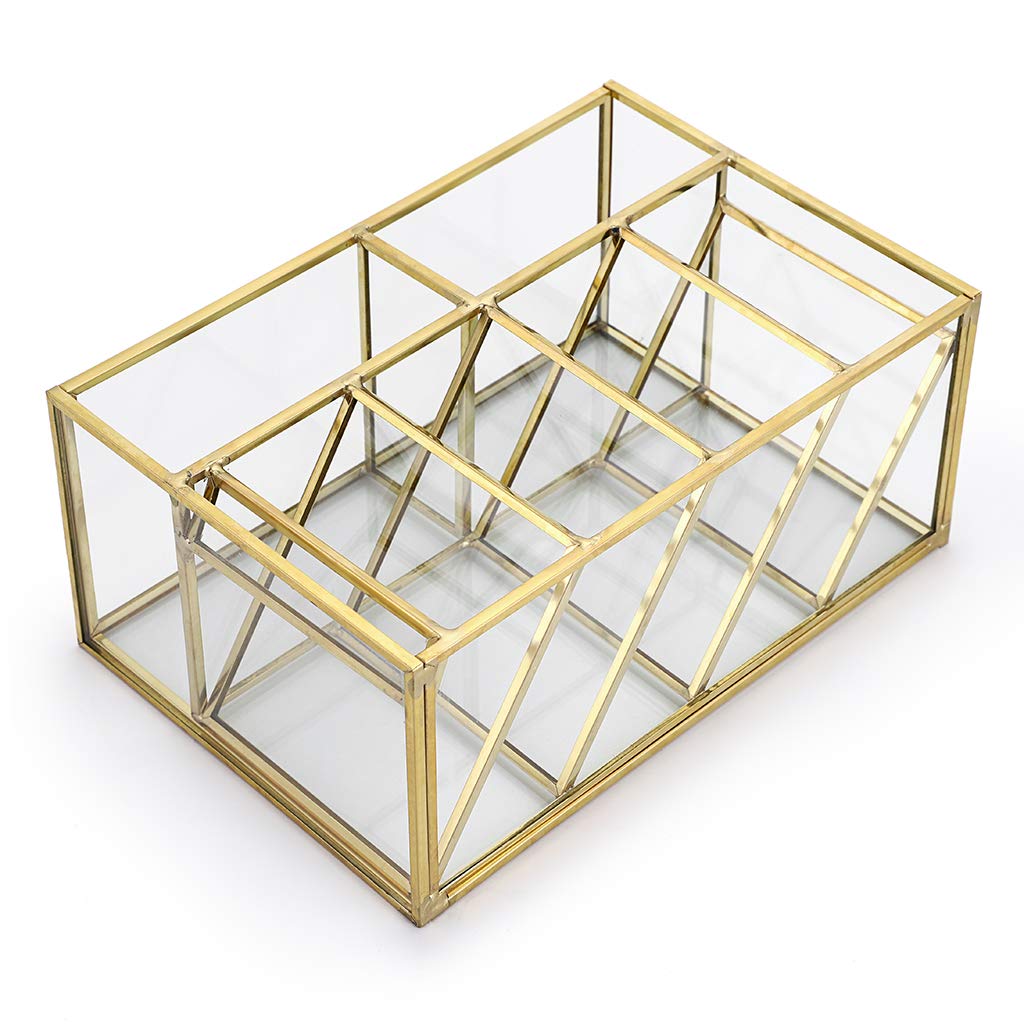 Hipiwe Vintage Gold Metal Desk Organizer - Glass Make up Brushes lipstick Holder Dresser Organizer