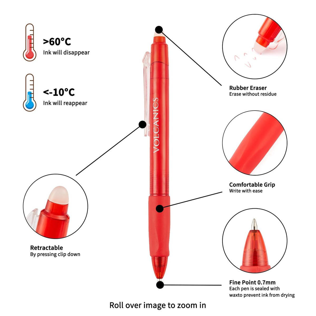 Volcanics Erasable Gel Pens Red Ink, 0.7MM,36 Pack Retractable Clicker Gel Ink Pen, Fine Point