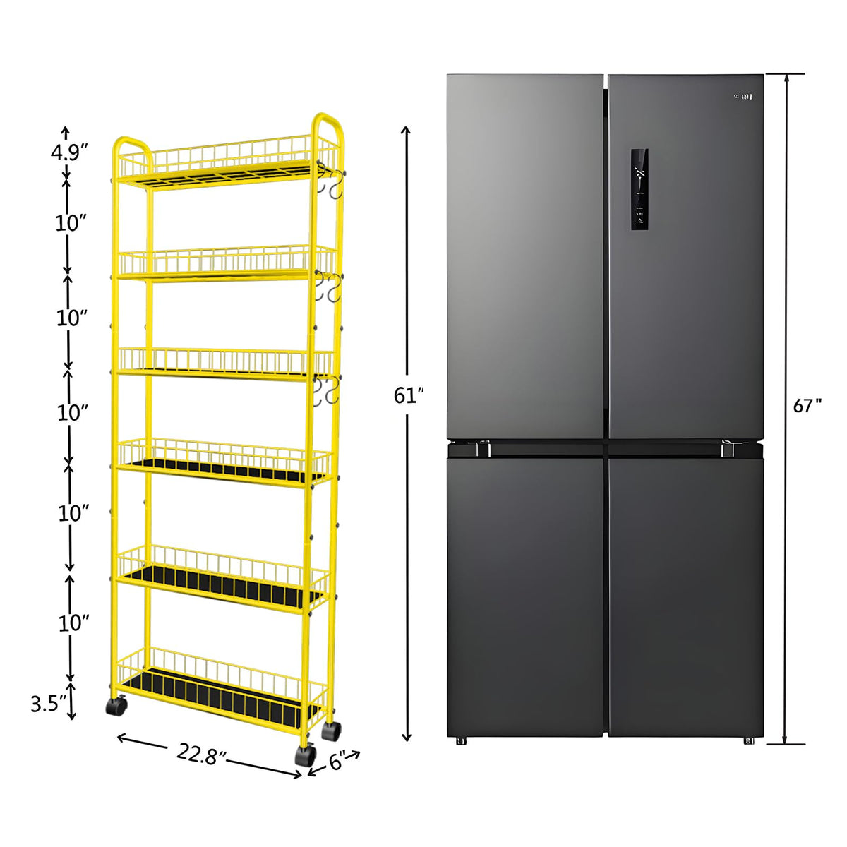 RUOZTEOO 6-Tier Slim Storage Cart with Wheels, Metal 6in Narrow Rolling Shelf, Sturdy Slim Storage