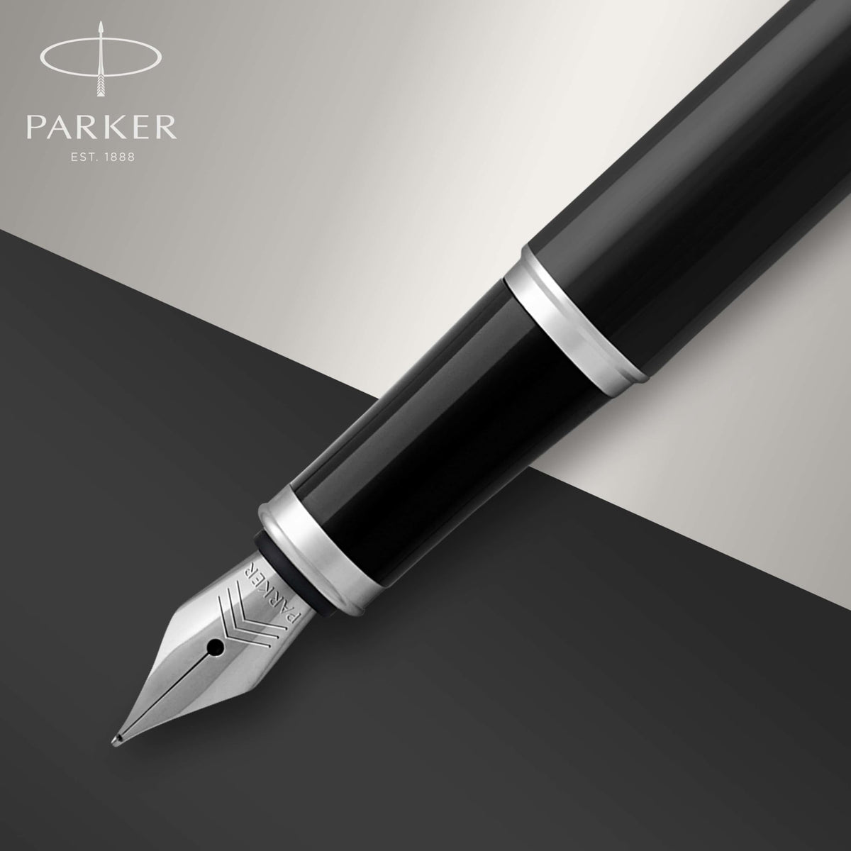 PARKER IM Fountain Pen, Black Lacquer Chrome Trim, Fine Nib with Blue Ink Refill (1931644)