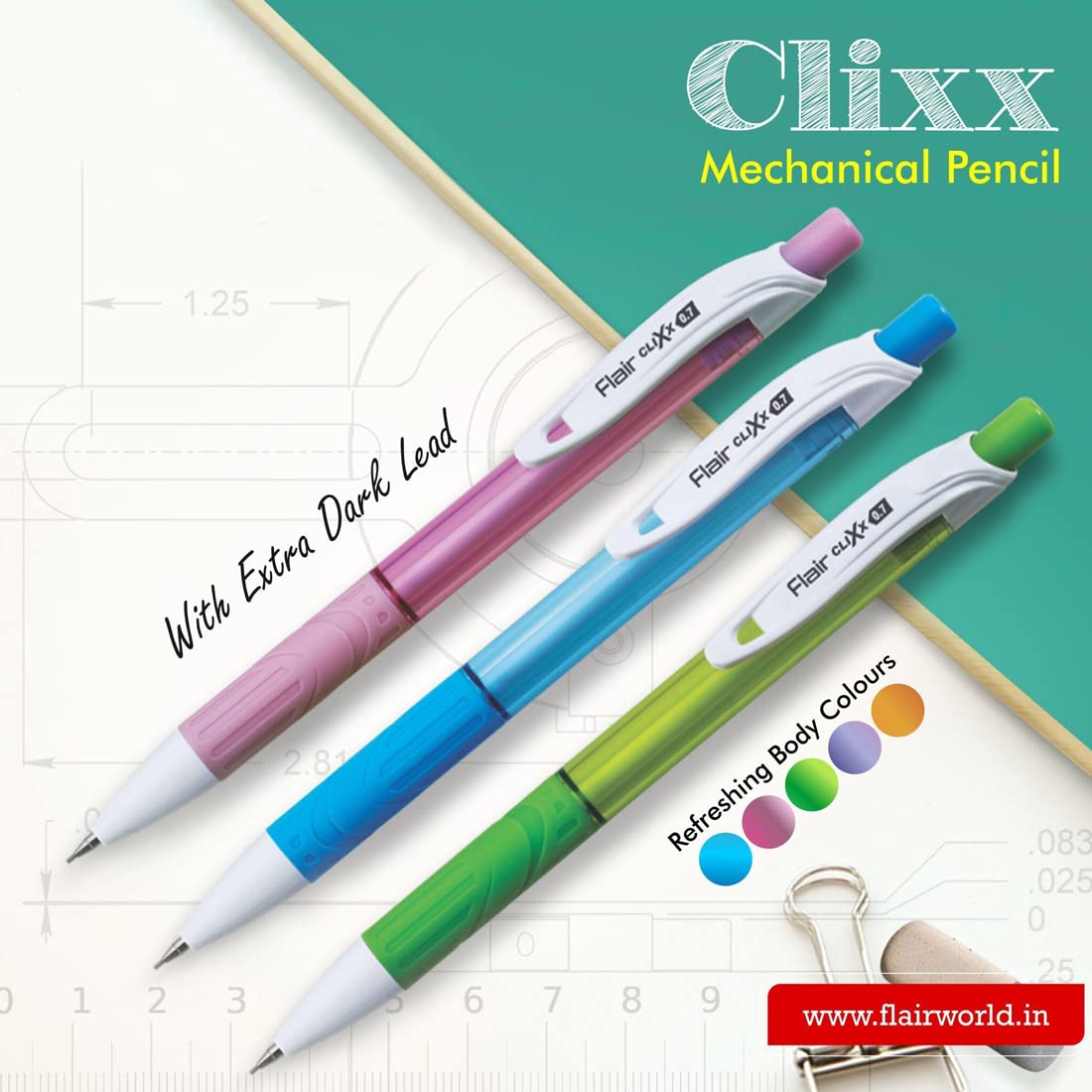 FLAIR Clixx Medium 0.7 mm Mechanical Pencil Pouch Pack | Triangular Barrel For Relaxed Drawing |