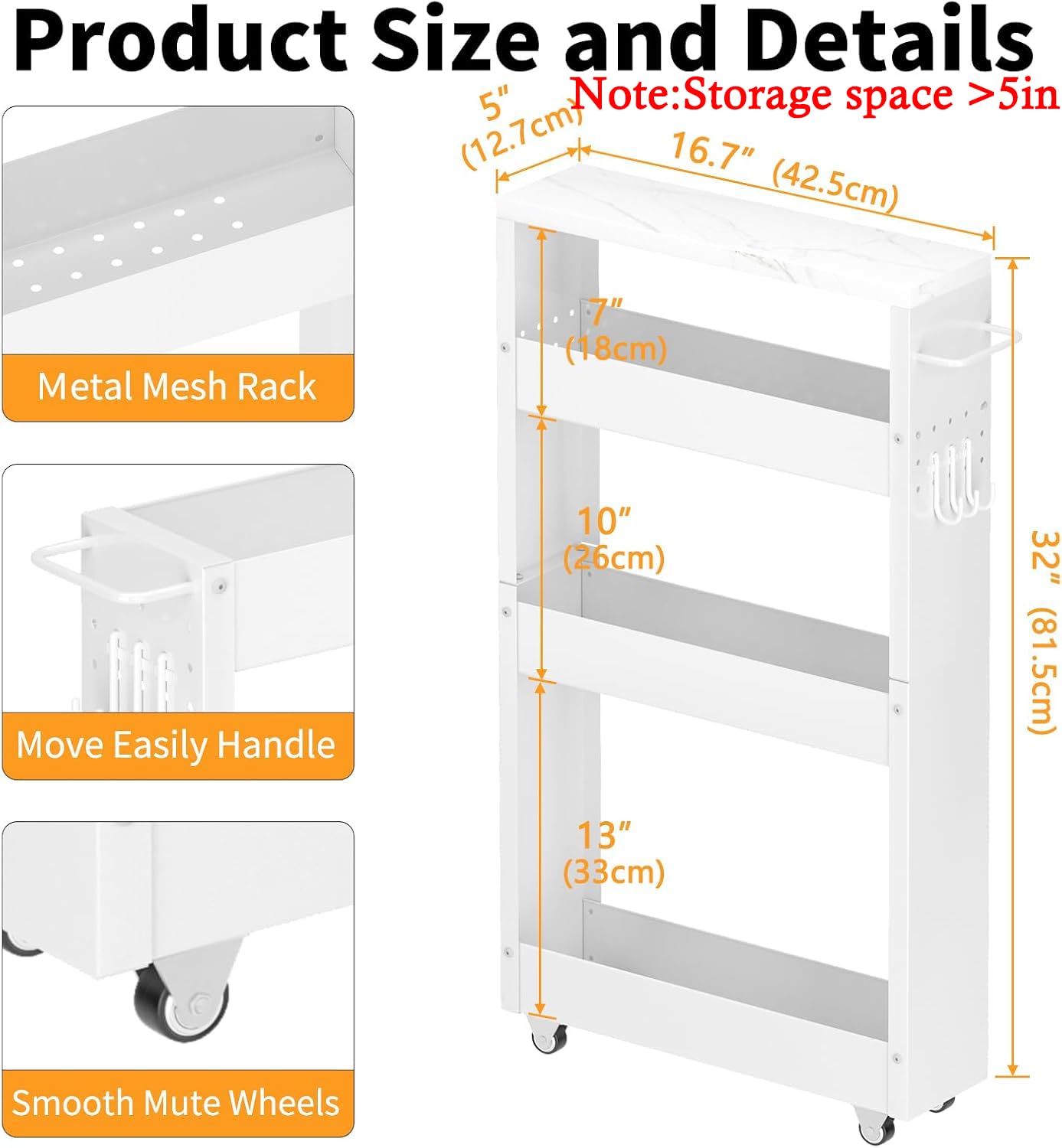 XYZLVSI Slim Storage Cart, 4 Tier Narrow Kitchen Rolling Cart with Wheels
