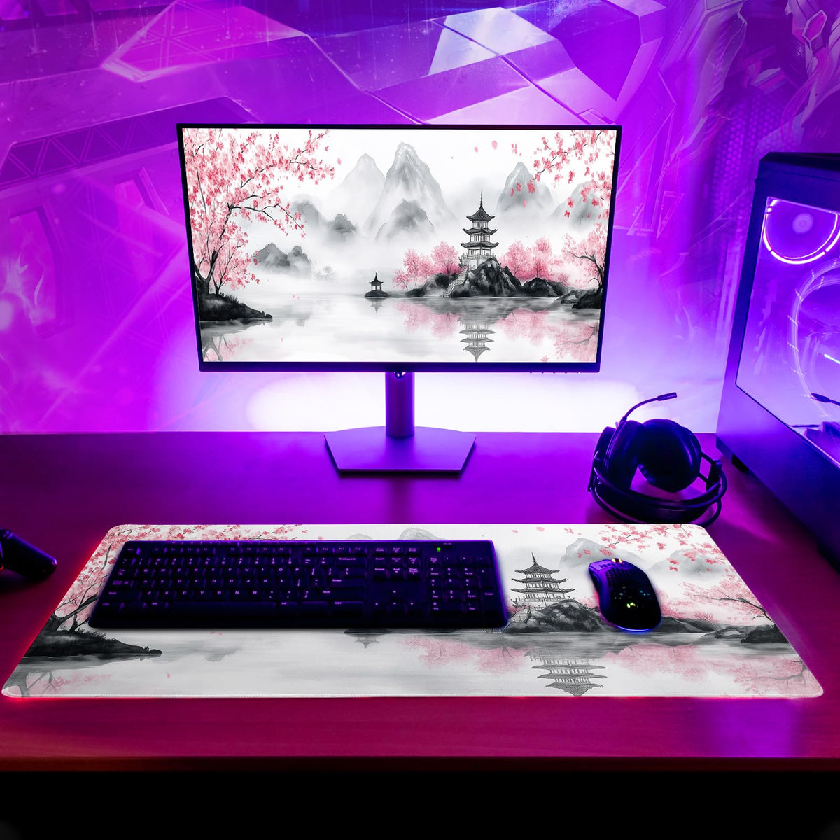 Pagoda Mouse Pad 31.5x11.8 Inch White Full Desk Japanese Mousepad Extended Large Non-Slip Rubber