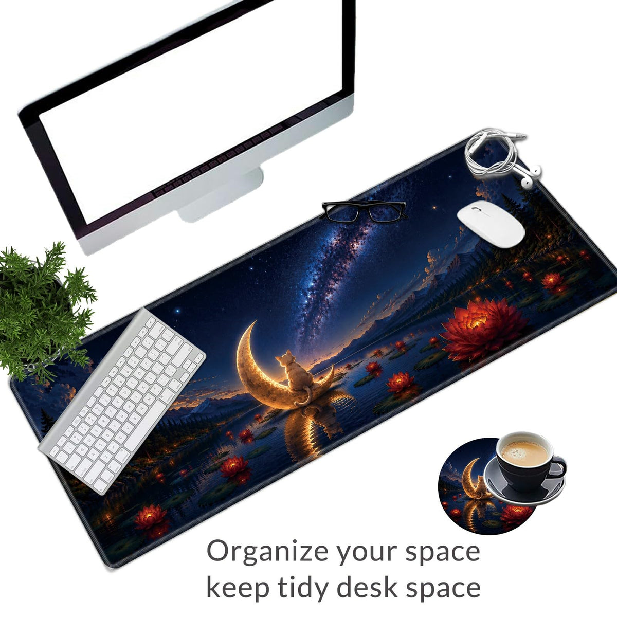 Lotus Moon Cat Large Mouse Pad, 31.5 x 11.8 in Extended Desk Mat
