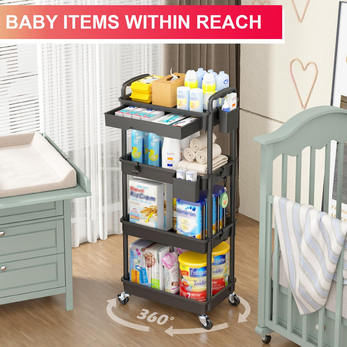 Goovilla 4 Tier Rolling Utility Cart Organizer with Removable Drawer, Black