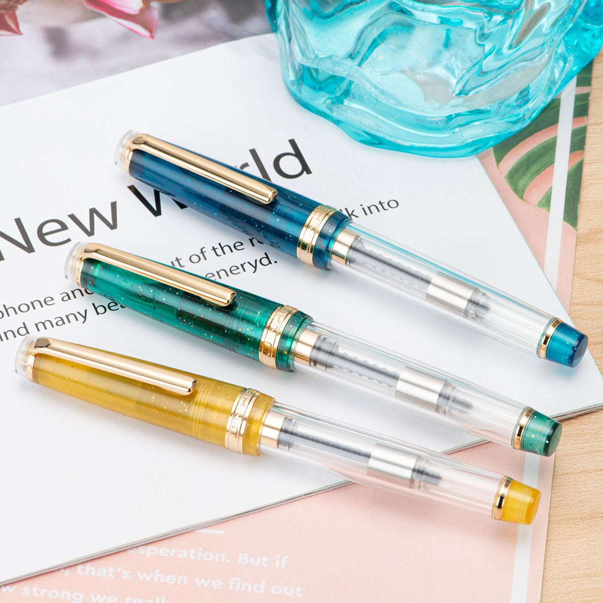 Set of 3 Jinhao 82 Fountain Pens Transparent Starry Sky Color Acrylic Extra Fine Point Gold Trim