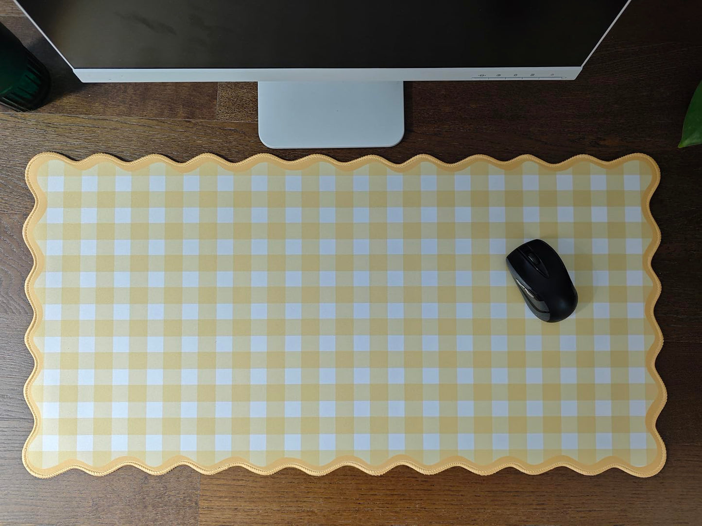ohisxiacy Scalloped Checkered Gingham Desk Mat Cute Yellow Pastel Large Mouse Pad Kawaii