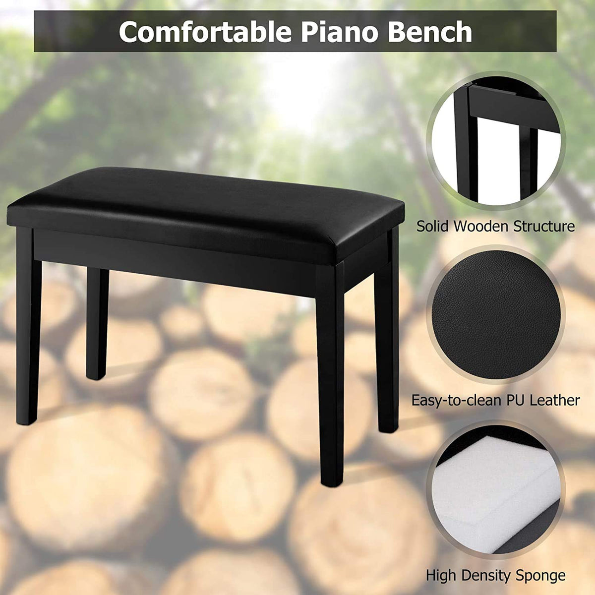 GOFLAME Duet Piano Bench, Black, PU Leather, Solid Wood Construction, Hidden Music Storage, 360 lbs
