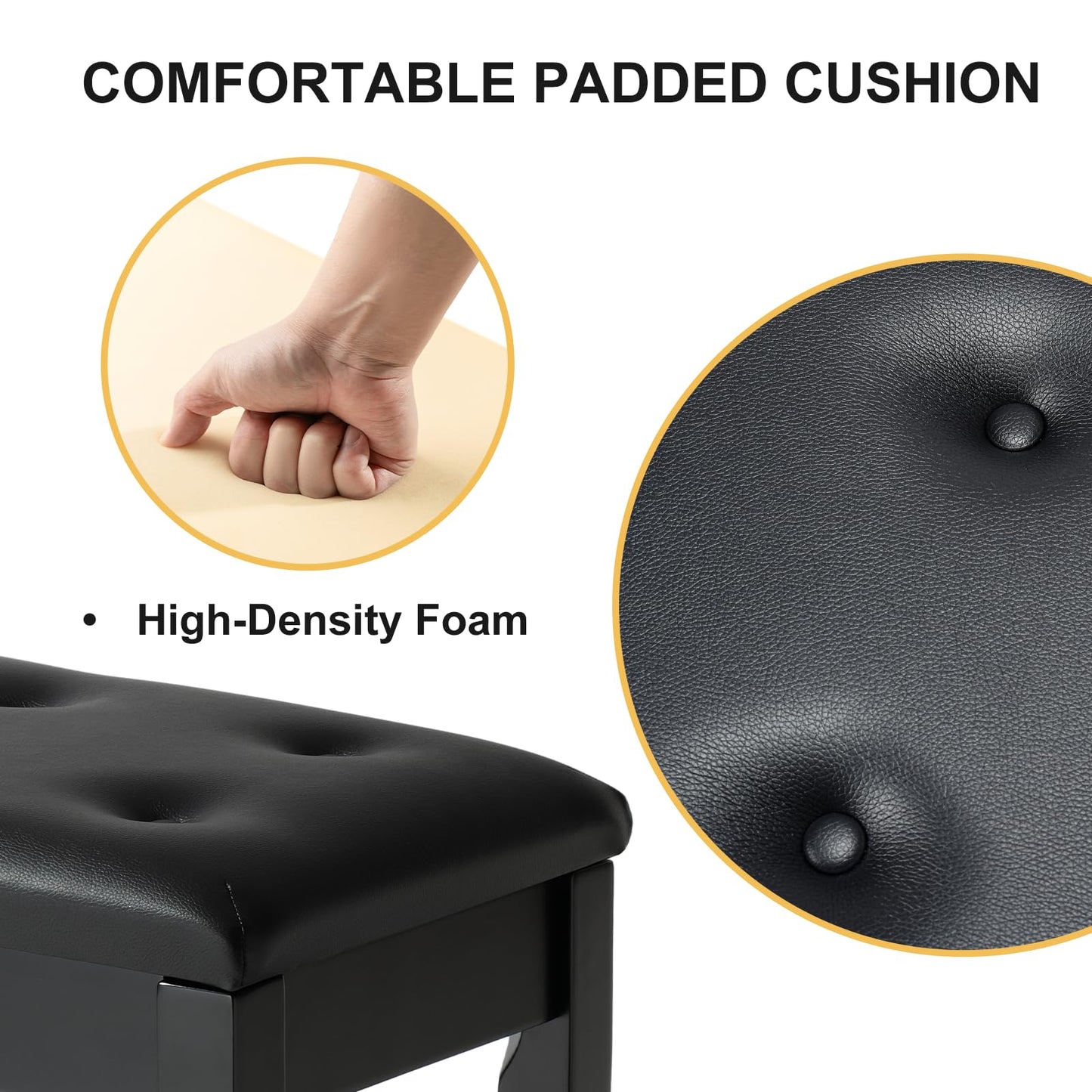 FILISITE Wooden Piano Bench with Storage, Piano Stool with Waterproof Padded Cushion, Bench Seat