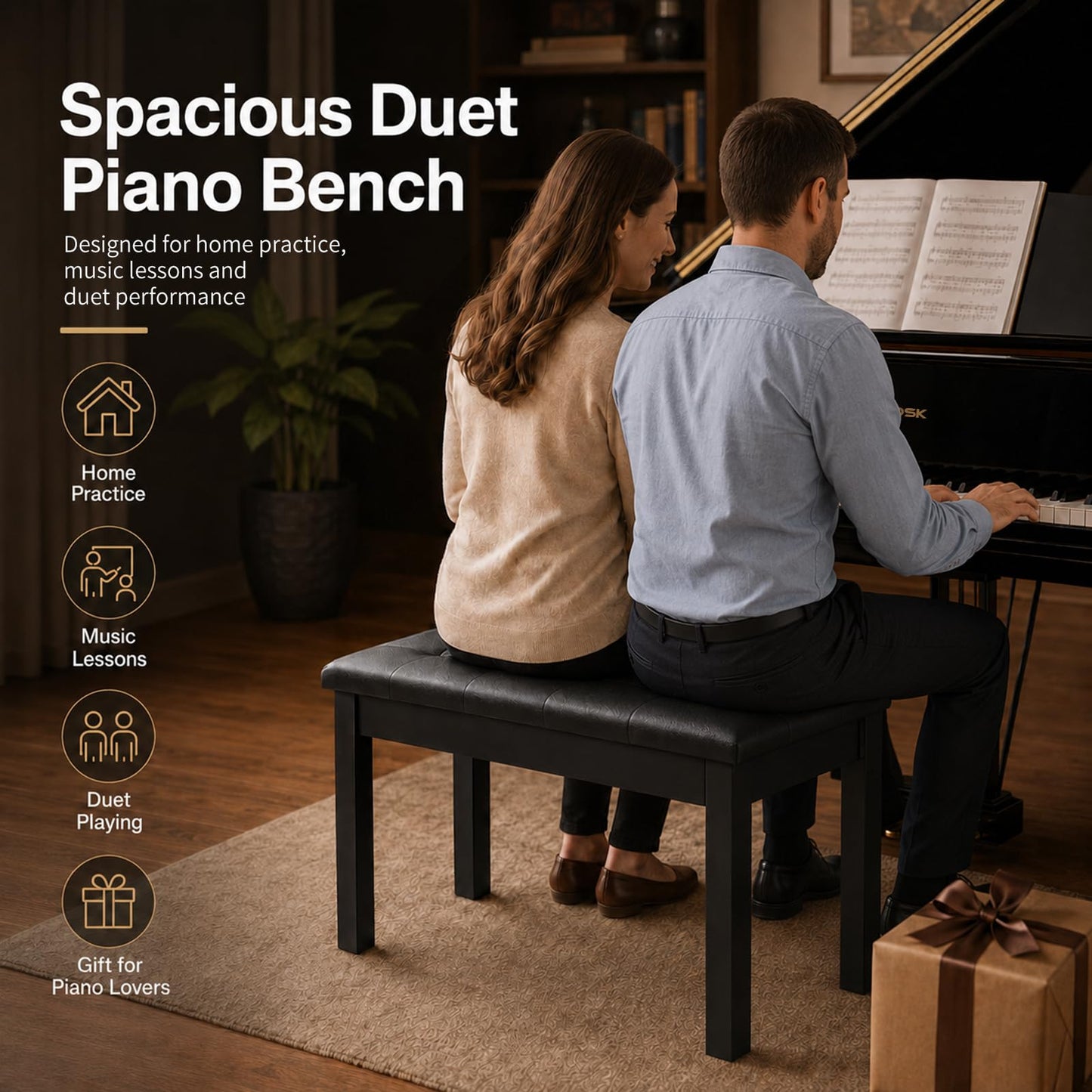 AODSK Wooden Duet Piano Bench with Padded Cushion and Storage Compartment for Music Books