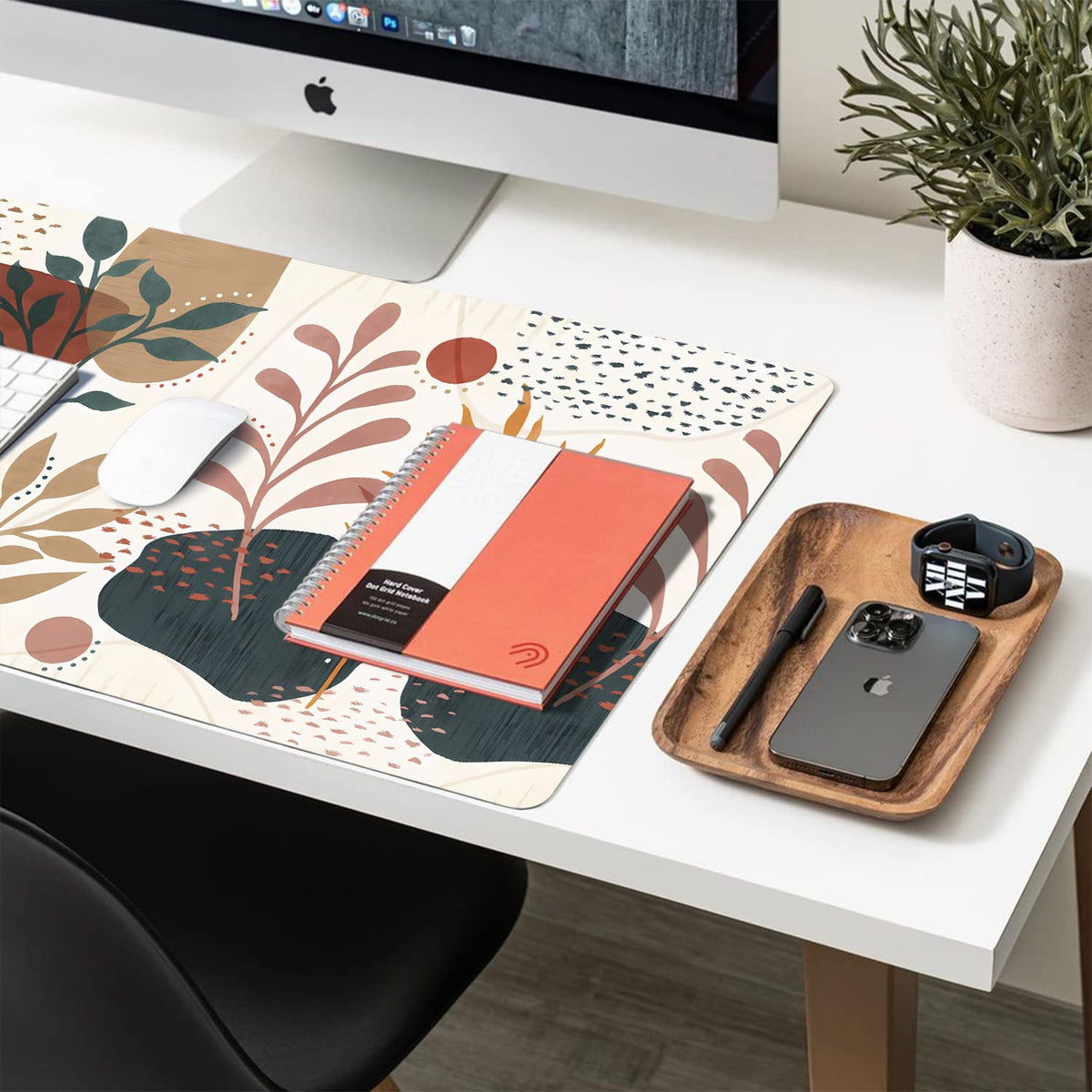 Floral Desk Mat, Large Non-Slip PU Desk Pad, Abstract Blossom 31.5"x15.7"
