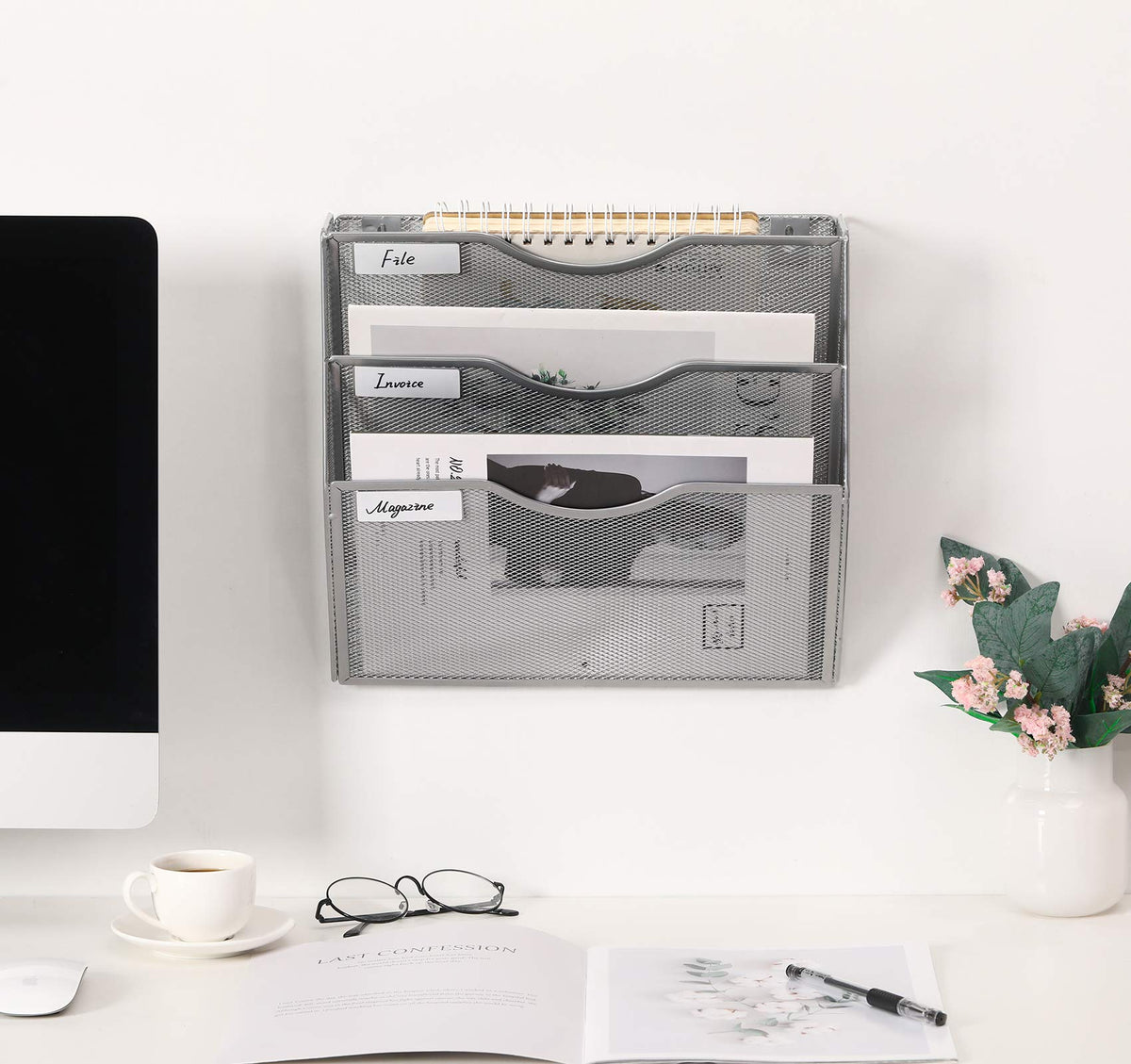 EasyPAG Hanging Wall File Organizer, 3 Pocket Wall Mounted Mail Organizer, Vertical Document Folder