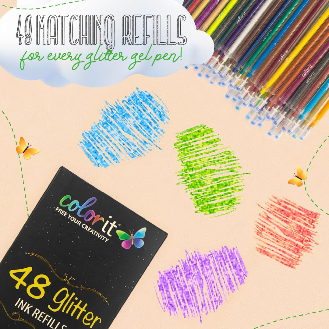 ColorIt Glitter Gel Pens for Coloring – 96 Pack with 48 Premium Glitter Gel Pens & 48 Refills with