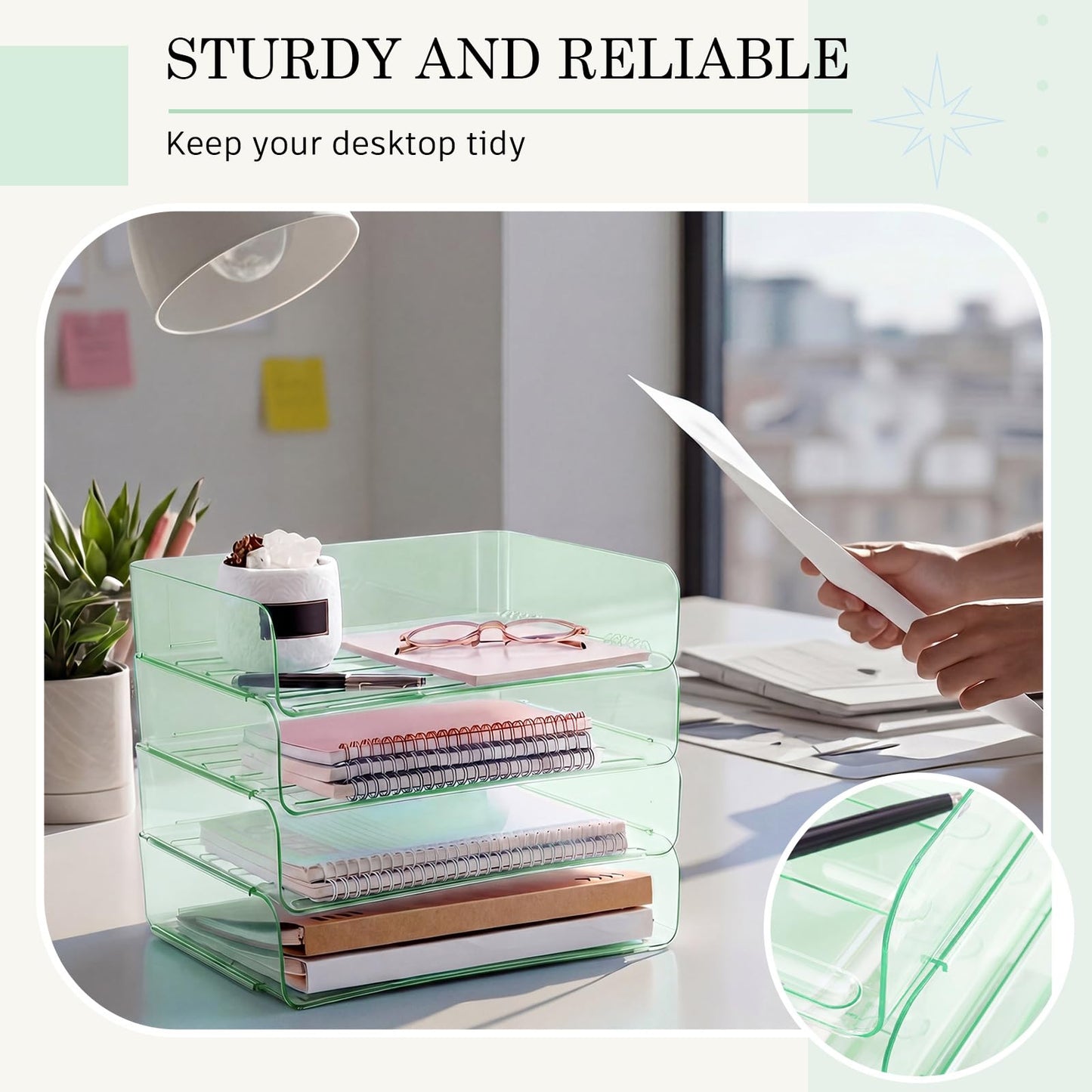 Harloon 4 Tier Clear Sage Green Acrylic Paper Organizer Letter Tray, Aesthetic Stackable Desk File