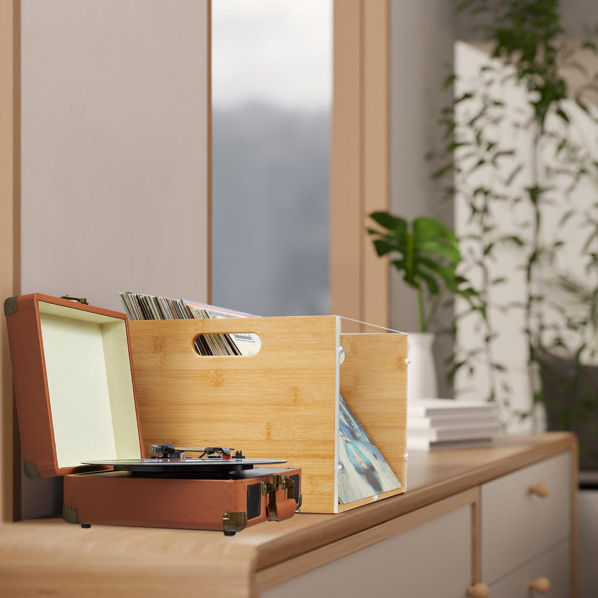 X-cosrack 2-Pack Vinyl Record Storage Box, Bamboo & Acrylic Crate