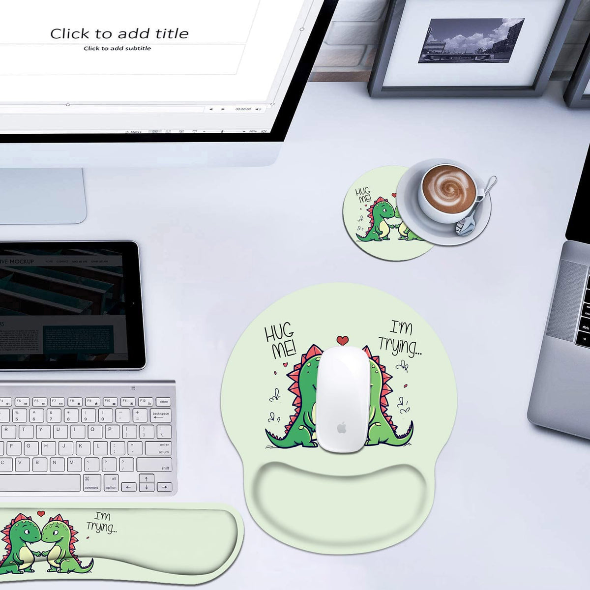 Keyboard and Mouse Wrist Rest Pad Set with Coasters, Ergonomic Support, Non-Slip PU Base, Easy