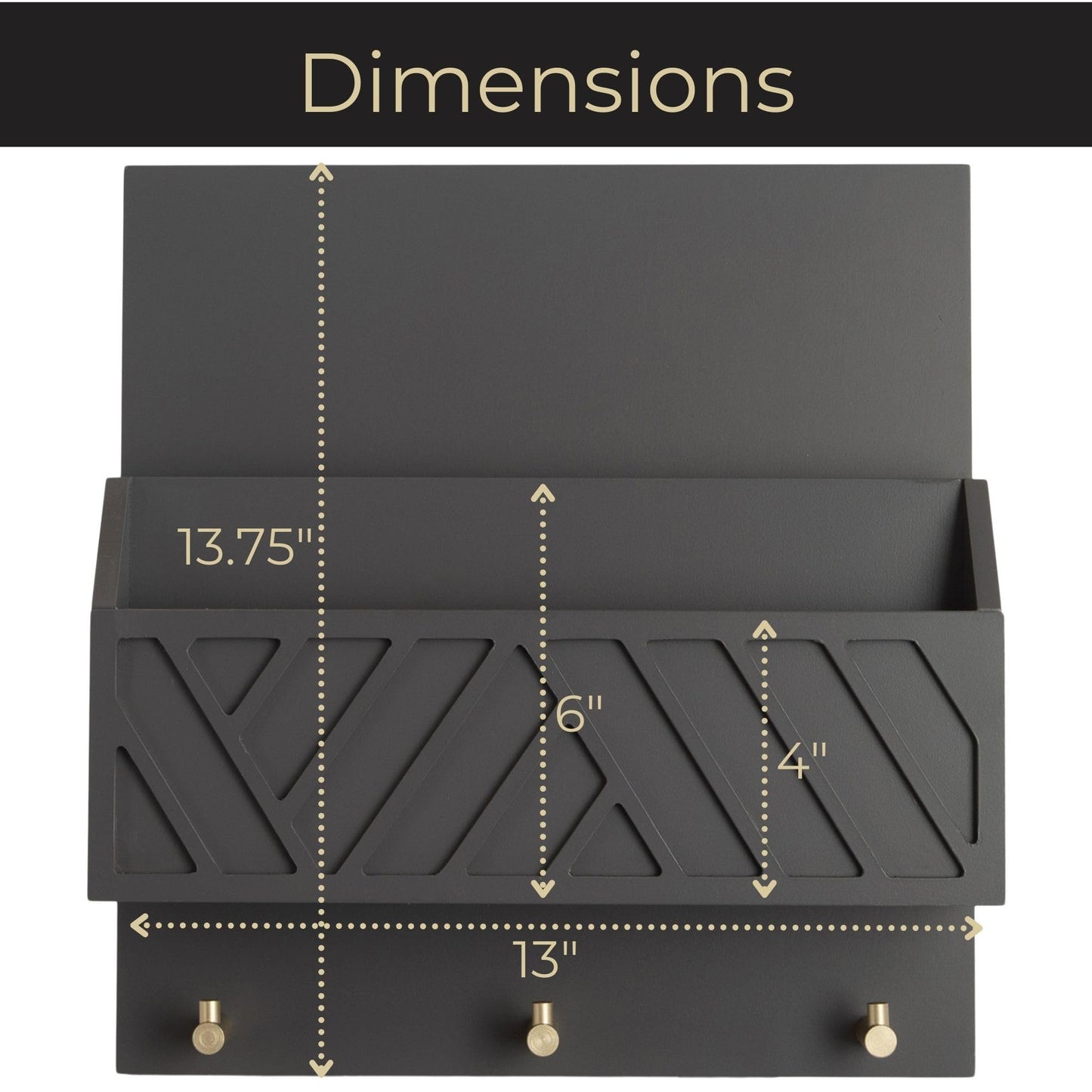 BLU MONACO | Wall-Mounted Mail and Key Holder in Grey Wood | Two-Tier Mail Organizer with Gold