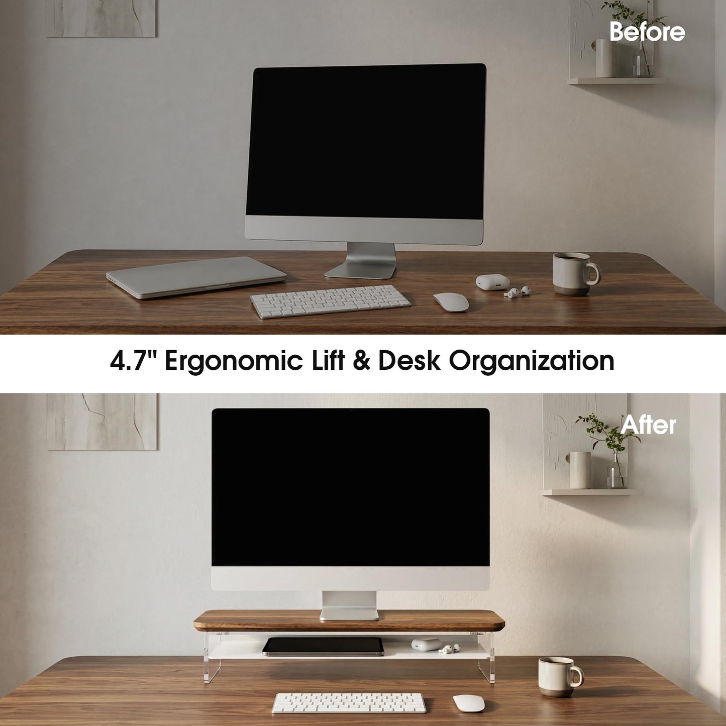 Fenge 23.6" Monitor Stand with Clear Acrylic Legs, Brown