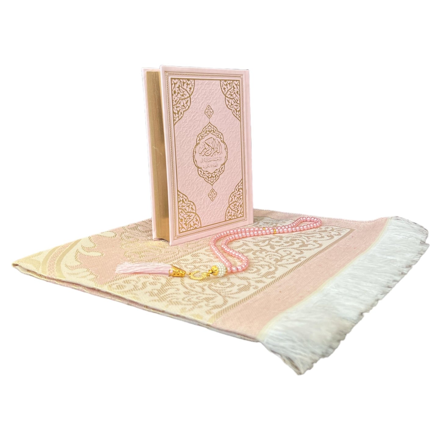 English Translate Thermo Leather Covered Quran, Tafta Prayer Mat and Beads Set |Quran