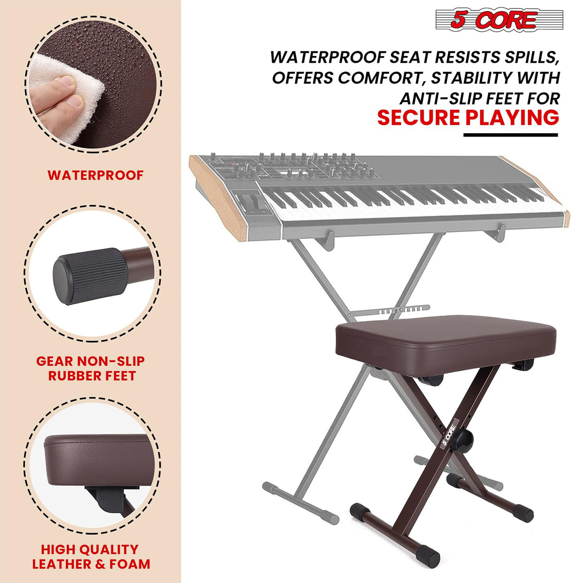 5 CORE Piano Bench X-Style Foldable 3" Padded Keyboard Seat Adjustable Height for Keyboards Synths
