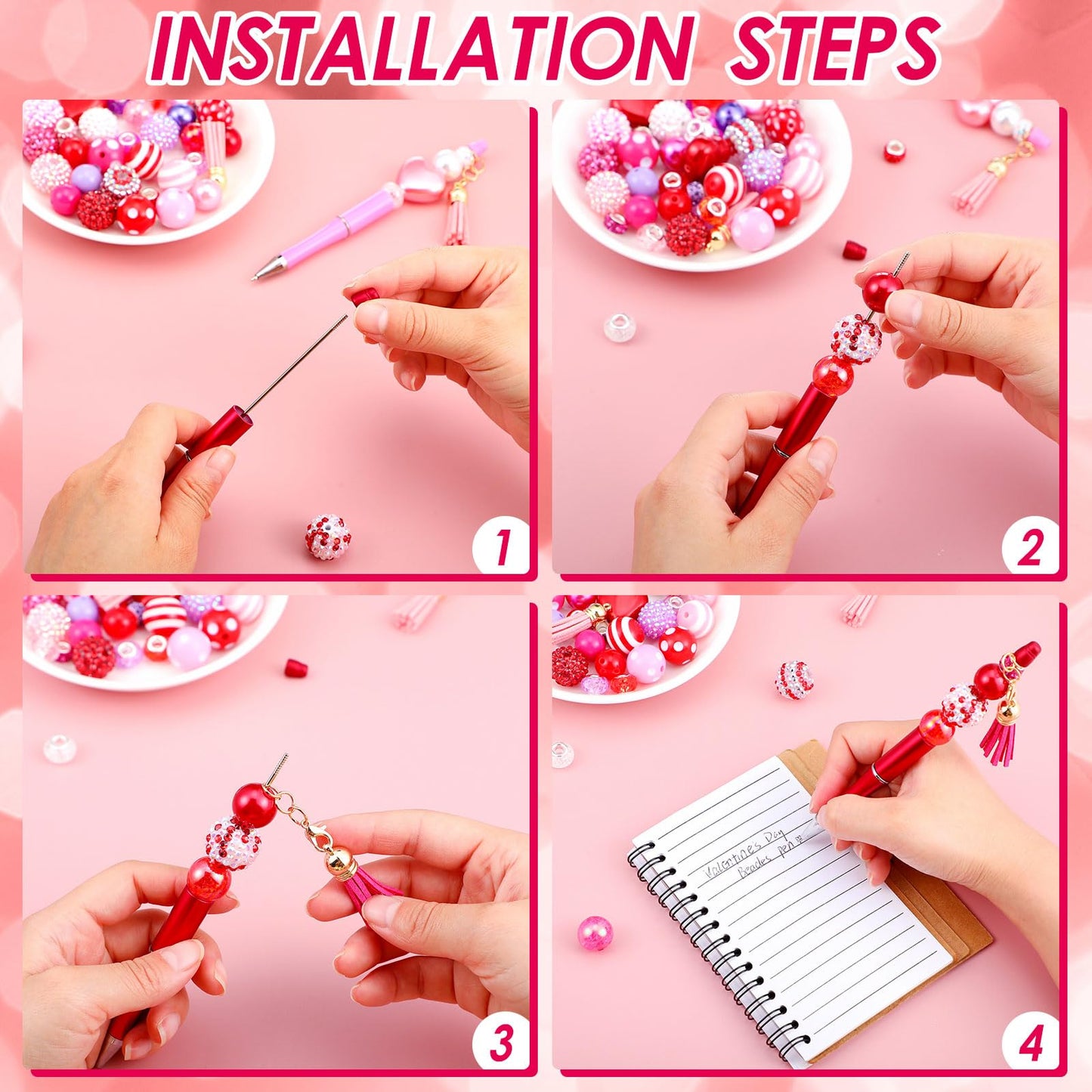 Tinlade 12 Beadable Pens Bulk with 50 Beads Multicolor DIY, Classic Style